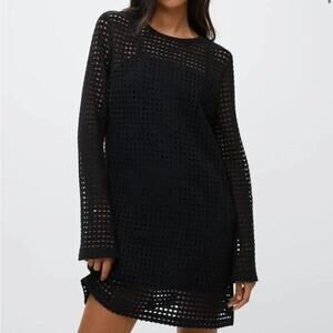 NWT Mango Black Long Sleeves Mesh Cotton Mini Dress Size 12
